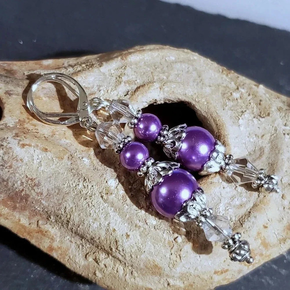 Art Nouveau Purple Glass Pearl Silver Plated Handcrafted Dangle Earrings - Picture 9 of 11